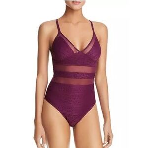 Bleu Rod Beattie Crochet VNeck Mesh One Piece Swimsuit Cherry Wine Sz 6